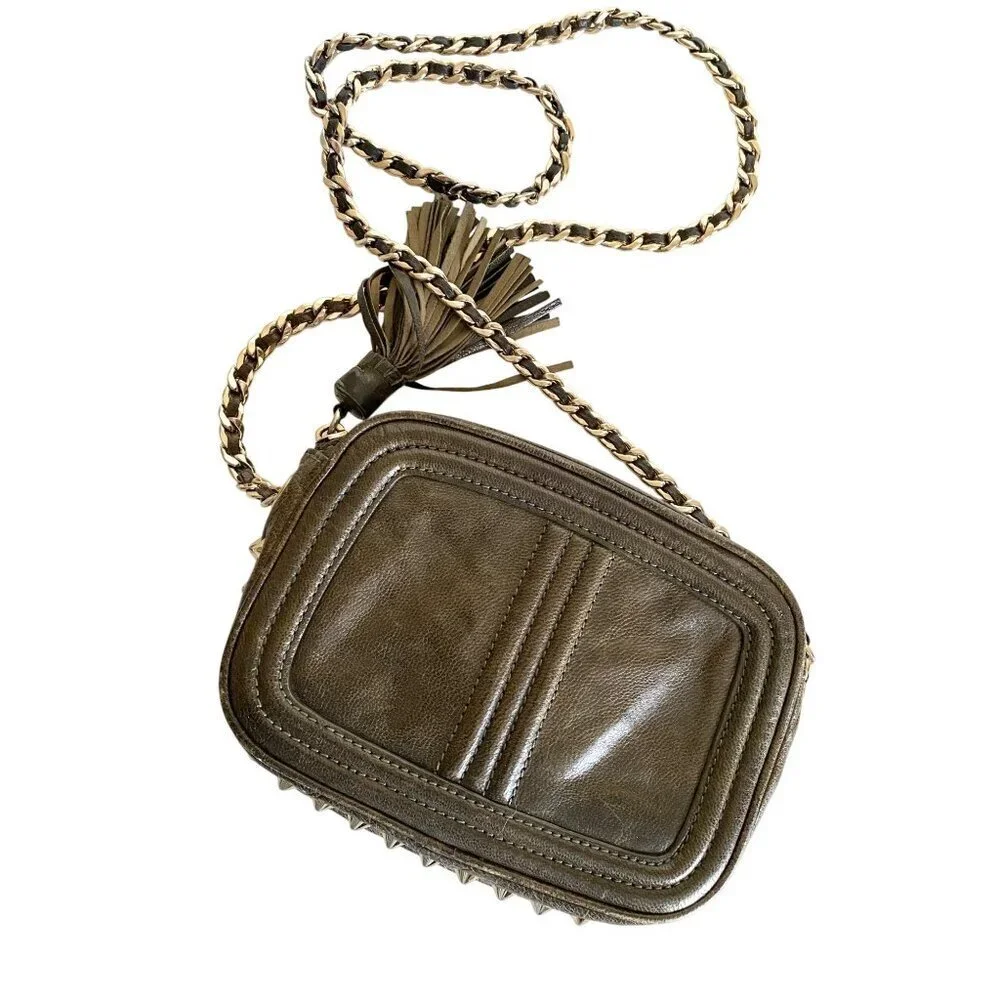 Rebecca Minkoff Leather Studded Crossbody Olive‎ Green Gold Chain + Tassel